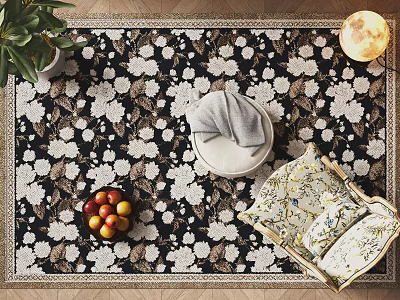 Square Area Rug with White Floral Design on Dark Background and Fruit Bowl Round Stool 3d model