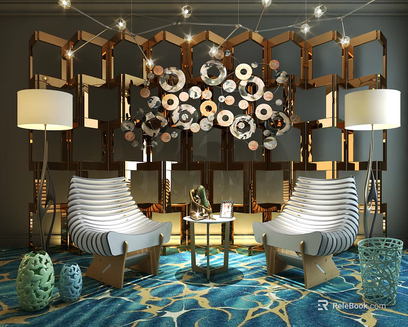 Contemporary Interior Design With Stylish Leisure Chairs Coffee Table Blue Rug And Decorative Wall 3d model 