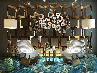 Contemporary Interior Design With Stylish Leisure Chairs Coffee Table Blue Rug And Decorative Wall 3d model