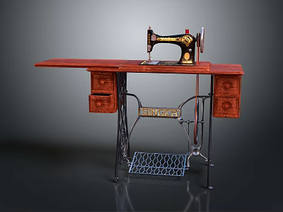Vintage Singer Sewing Machine on Wooden Table with Drawers and Metal Frame 3d model