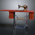 Vintage Singer Sewing Machine on Wooden Table with Drawers and Metal Frame