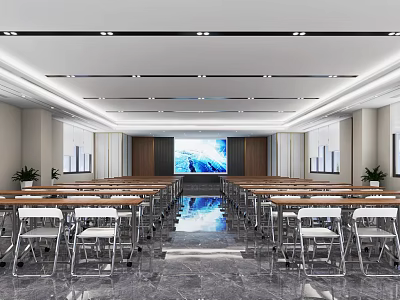 Modern Conference Room Interior With Large Screen Long Tables Chairs And Marble Floor 3d model