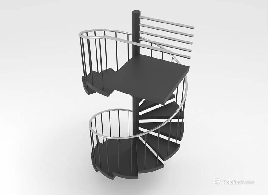 Modern Spiral Staircase With Black Steps Metallic Handrail Curved Railing And Central Column 3d model 