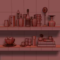 Elegant Dinnerware Set with Glassware Pieces Displayed on White Shelf and Decorative Items