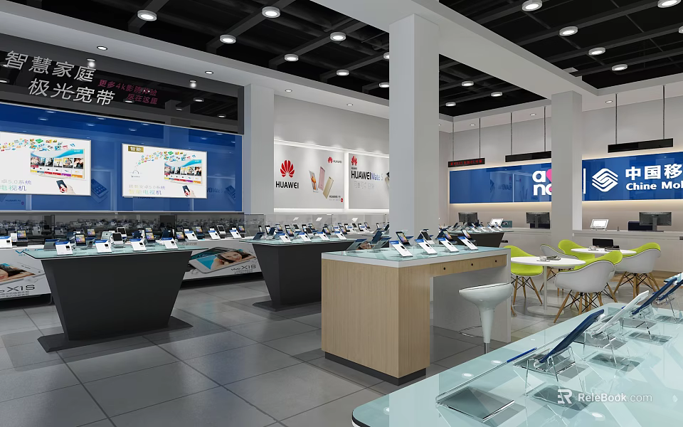 Modern Digital Store Featuring Display Counters Various Digital Products and Ceiling Lights 3d model 