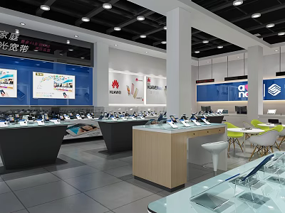 Modern Digital Store Featuring Display Counters Various Digital Products and Ceiling Lights 3d model