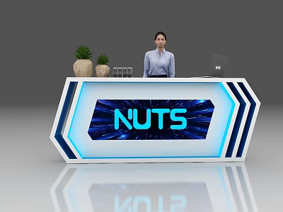 Modern White And Blue Reception Desk With Illuminated NUTS Sign Potted Plants And Laptop 3d model
