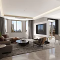 Modern Living and Dining Room Interior With Large TV Sofa Coffee Table And Decorative Paintings