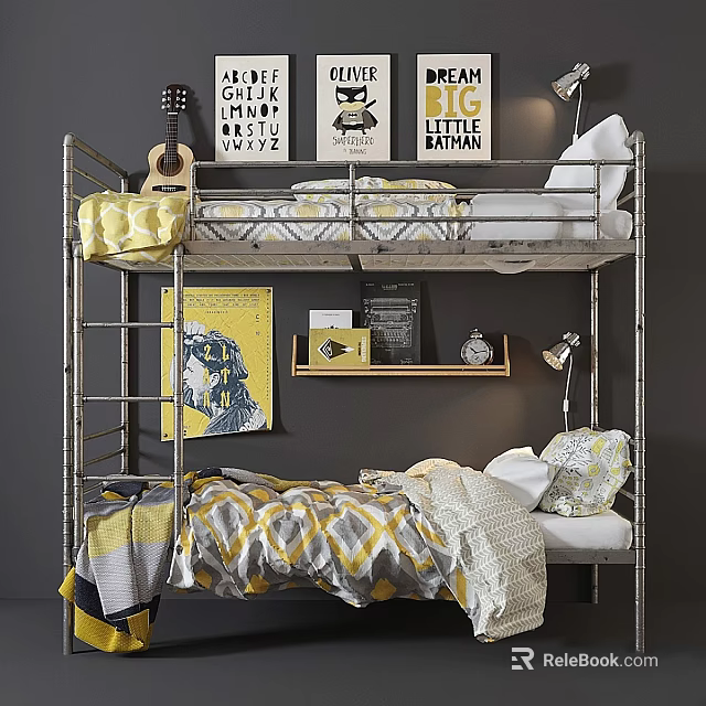 Kids Bunk Bed With Metal Frame Yellow White Bedding Decorative Posters Guitar And Table Lamp 3d model 