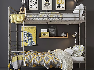 Kids Bunk Bed With Metal Frame Yellow White Bedding Decorative Posters Guitar And Table Lamp 3d model