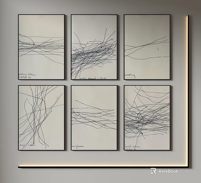 Abstract Paintings With Intricate Lines Six Panel Grid Display On Interior Wall 3d model