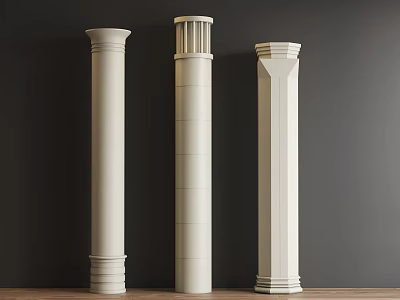 Three White Decorative Columns Standing Against Dark Wall With Wooden Floor 3d model
