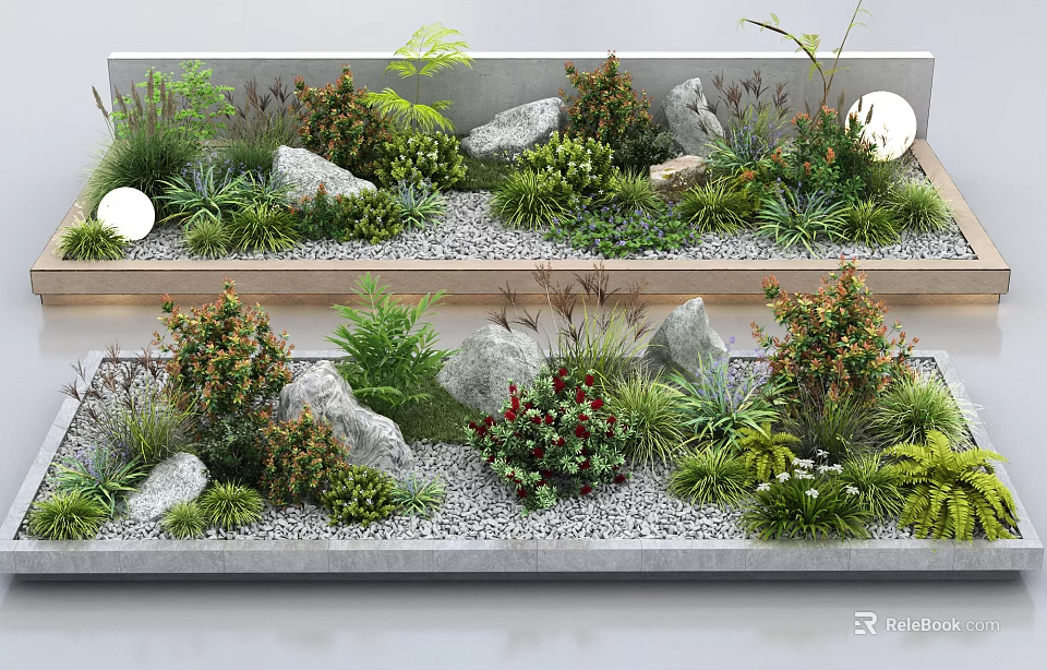 Tiered Flower Garden Design With Various Plants Shrubs Rocks And Gentle Lighting 3d model 