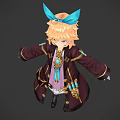 Game Movie Character With Blonde Hair Blue Bow Dark Coat White Stockings And Black Boots