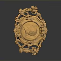 Golden Carved Decorative Tray With Intricate Patterns And Central Relief Design