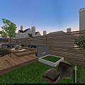Evening Outdoor Garden Landscape With Wooden Deck Sofa Seating Trees Lighting And Grass Area
