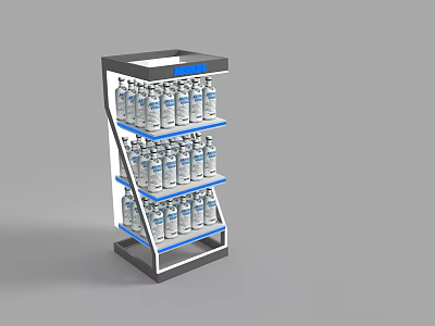 Modern Multi Tier Display Shelf With Bottled Products And Blue Accents 3d model