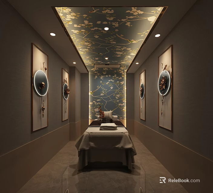 Serene SPA Sauna Interior Design With Massage Bed Decorative Paintings And Golden Ceiling 3d model 