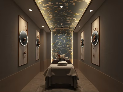 Serene SPA Sauna Interior Design With Massage Bed Decorative Paintings And Golden Ceiling 3d model