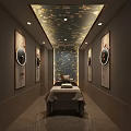 Serene SPA Sauna Interior Design With Massage Bed Decorative Paintings And Golden Ceiling