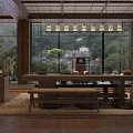 Japanese Tea Room With Wooden Long Table Bench Large Windows Mountain View And Green Plants