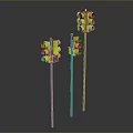 Three Yellow Traffic Lights With Different Illuminated Lamps Standing On Gray Background