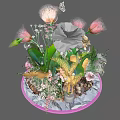 Colorful Floral Bouquet With Butterfly Dandelion And Various Colored Flowers On Round Plate