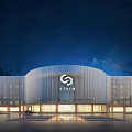 Modern STRIM Building Exterior With Hexagonal Logo And Illuminated Striped Curved Facade