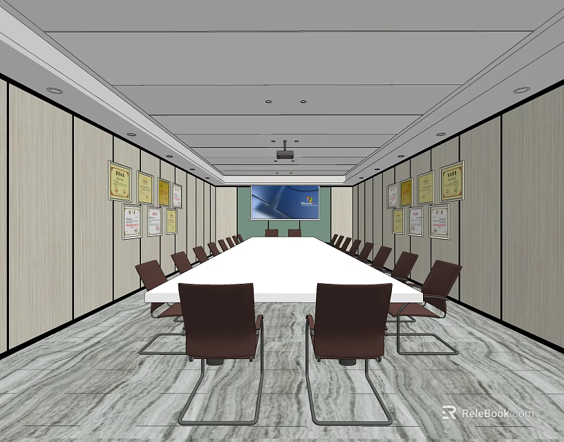 Conference Room Interior With Long Table Chairs Projection Screen And Wall Posters 3d model