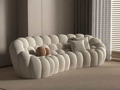 Cozy Plush Three Seater Sofa In Modern Living Room With Rounded Design And Pumpkin Decor 3d model