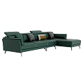 Modern Emerald Green Sectional Sofa with Multiple Decorative Pillows and Metal Legs 3d model