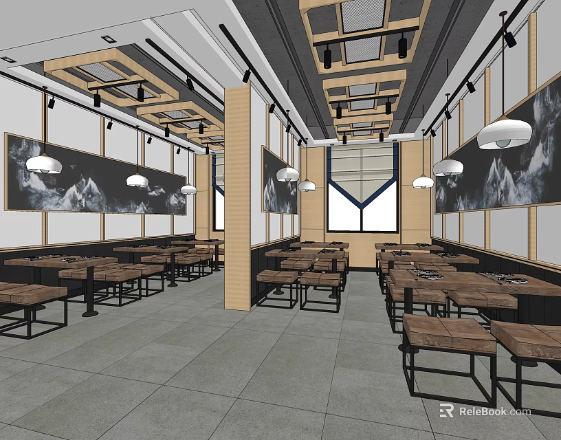 Chinese Style Restaurant Interior With Wooden Ceiling Pendant Lights And Landscape Paintings 3d model 
