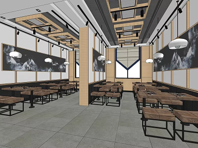 Chinese Style Restaurant Interior With Wooden Ceiling Pendant Lights And Landscape Paintings 3d model