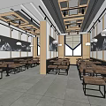 Chinese Style Restaurant Interior With Wooden Ceiling Pendant Lights And Landscape Paintings