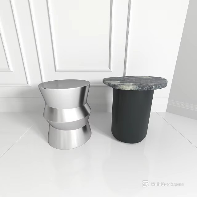 Contemporary Interior Featuring Round Side Tables With Silver Layered Base And Black Marble Top 3d model