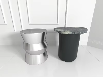Contemporary Interior Featuring Round Side Tables With Silver Layered Base And Black Marble Top 3d model