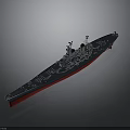 3D Warship Model with Deep Blue Hull Red Bottom Superstructure and Weaponry 3d model