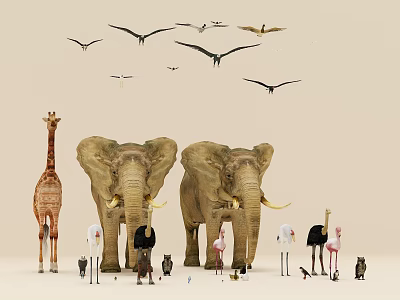 Reptiles in Diverse Animal Model Display with Giraffes Elephants and Human Figures 3d model