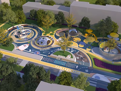 Children's Play Area Design With Circular Colorful Structures Slides Greenery And Trees 3d model