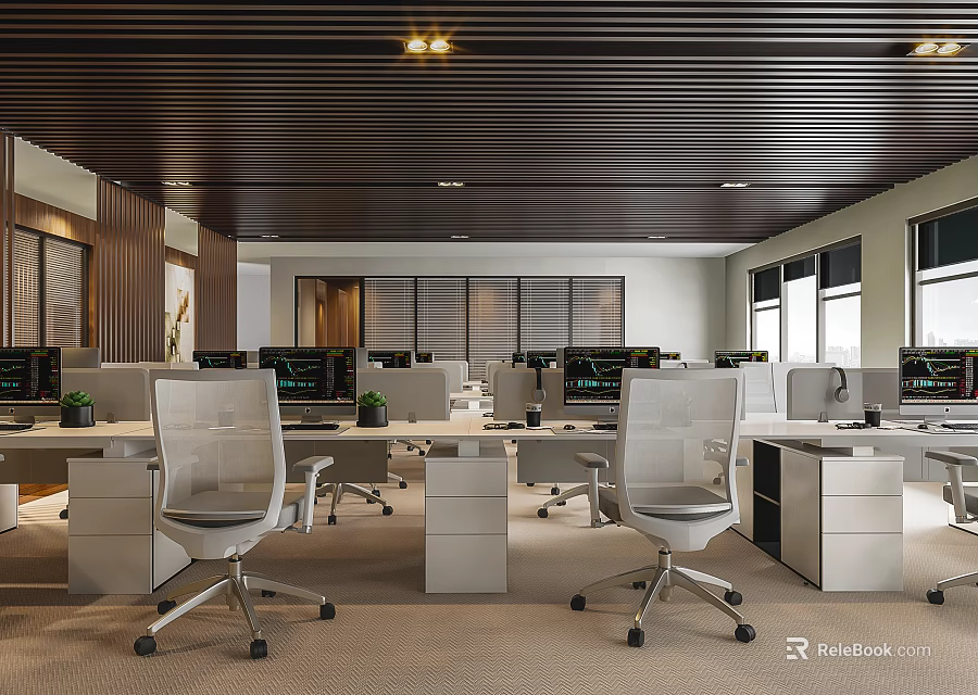 Modern Public Office Space With Desks Office Chairs Computers And Ceiling Lighting 3d model