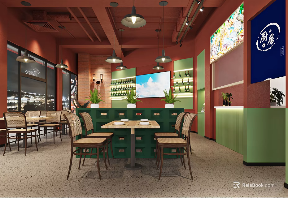 Modern Restaurant Interior With Red Walls Green Chairs Wooden Tables And Potted Plants 3d model 