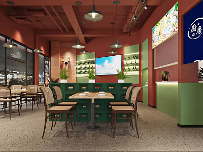 Modern Restaurant Interior With Red Walls Green Chairs Wooden Tables And Potted Plants 3d model