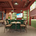 Modern Restaurant Interior With Red Walls Green Chairs Wooden Tables And Potted Plants