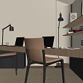 Modern Home Office Desk Setup With Two Chairs Laptop Desk Lamp Shelves And Potted Plant