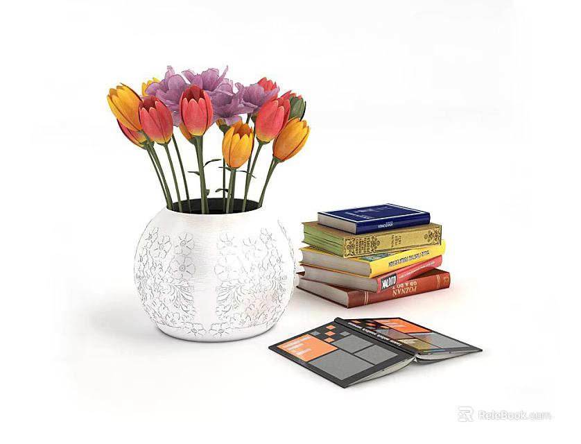 Stacked Books and Magazines Beside White Vase With Colorful Tulips 3d model 