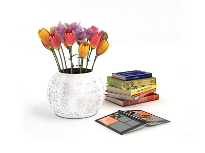 Stacked Books and Magazines Beside White Vase With Colorful Tulips 3d model