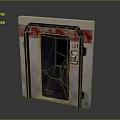 Dark Door With White Frame Red Stains And Green Label On Metal Structure
