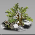 Lush Green Tree With Wooden Bridge Small Boat And Misty Water Natural Scene