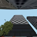 Modern High Rise Office Building Exterior With Unique Glass Curtain Wall Urban Design