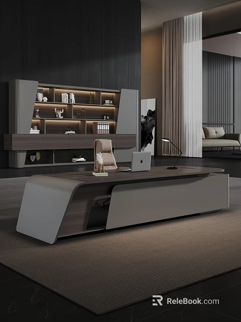 Modern Office Desk With Wooden Top Laptop Desk Lamp And Decorative Items 3d model 